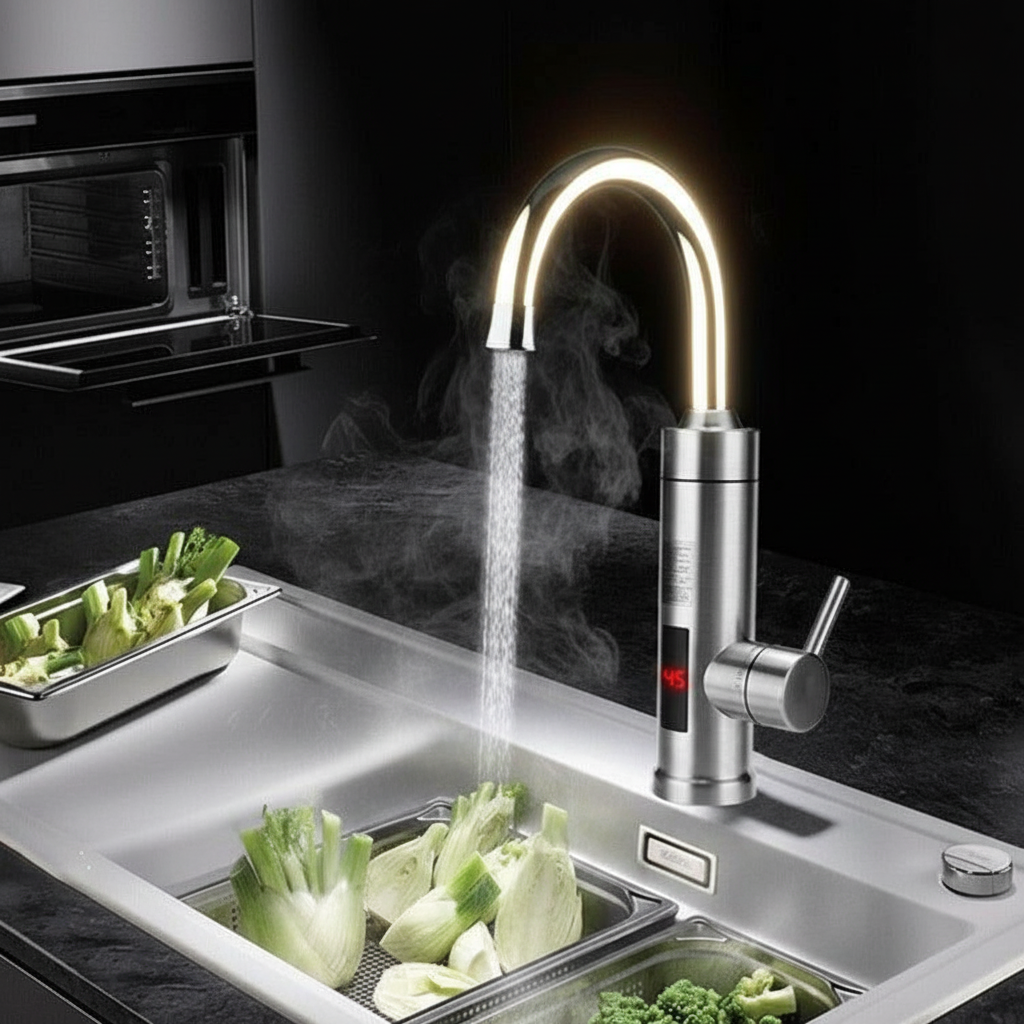 Grifo de cocina eléctrico con calentador de paso integrado | Sistema de calefacción rápida de 3000W | Acabado en acero inoxidable | Pantalla digital de temperatura | Tecnología de agua caliente instantánea