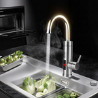 Grifo de cocina eléctrico con calentador de paso integrado | Sistema de calefacción rápida de 3000W | Acabado en acero inoxidable | Pantalla digital de temperatura | Tecnología de agua caliente instantánea