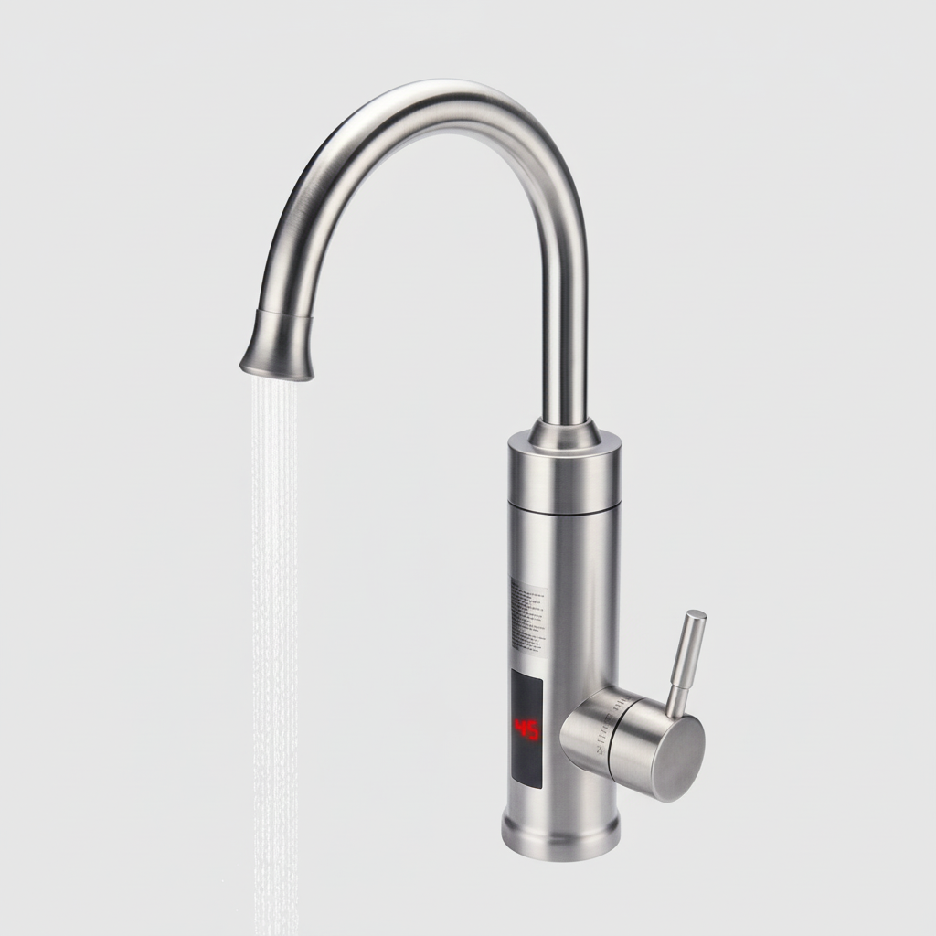 Grifo de cocina eléctrico con calentador de paso integrado | Sistema de calefacción rápida de 3000W | Acabado en acero inoxidable | Pantalla digital de temperatura | Tecnología de agua caliente instantánea