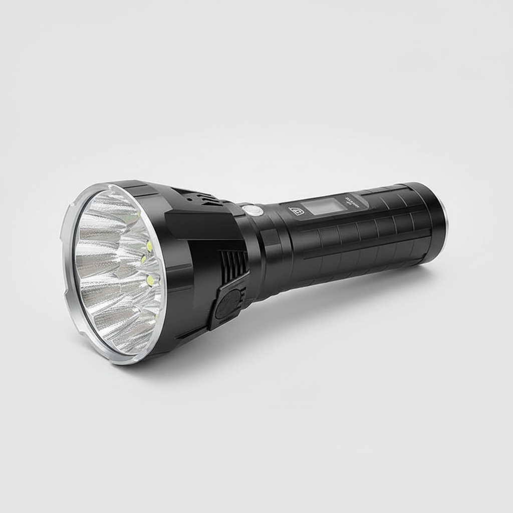 Linterna LED de alto rendimiento MS18 | 100.000 Lúmenes | 18x LEDs Cree XHP70 2.0 | Alcance de 2,3 km | IP56 a prueba de agua | Pantalla de estado OLED | Incl. paquete de batería