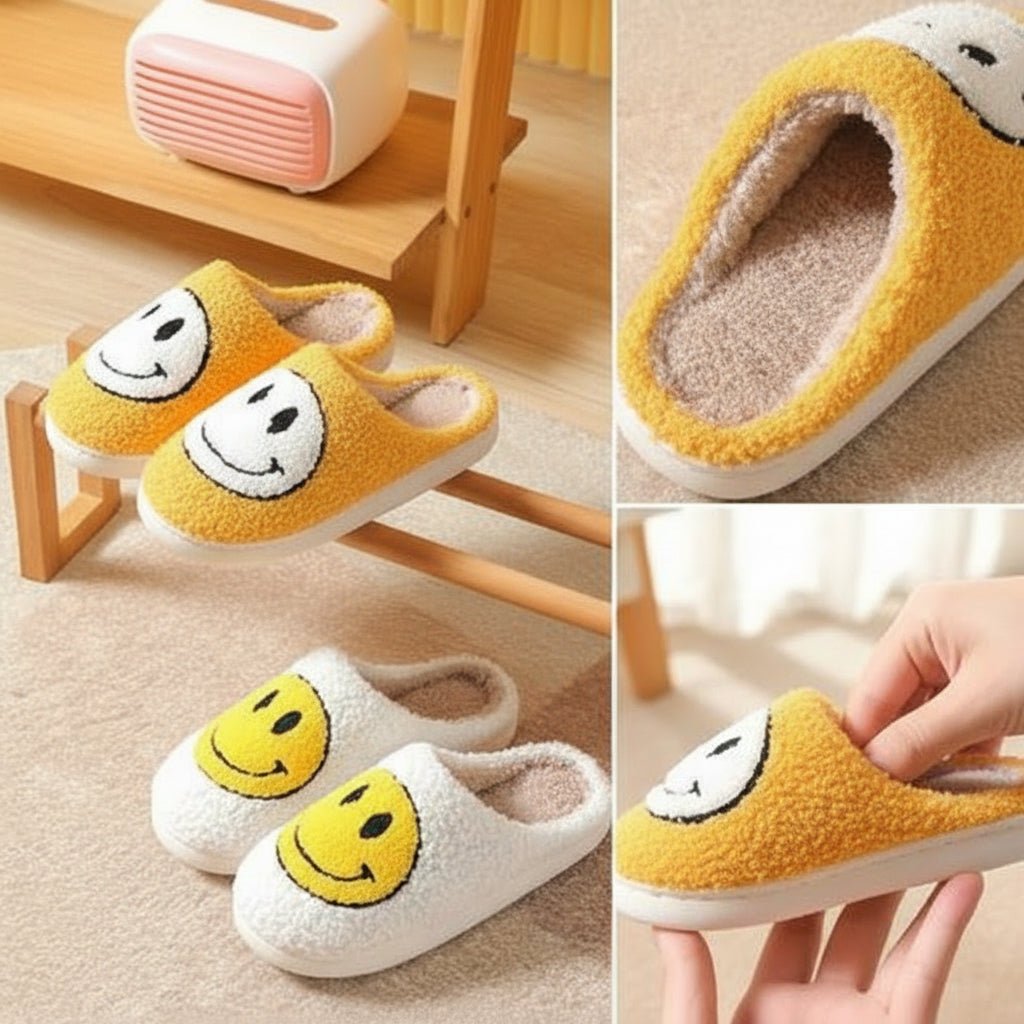 FLUFFYSMILE – Zapatillas de casa cálidas y suaves con Smiley y suela de silicona gruesa