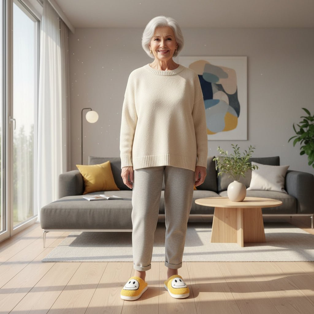 FLUFFYSMILE – Zapatillas de casa cálidas y suaves con Smiley y suela de silicona gruesa