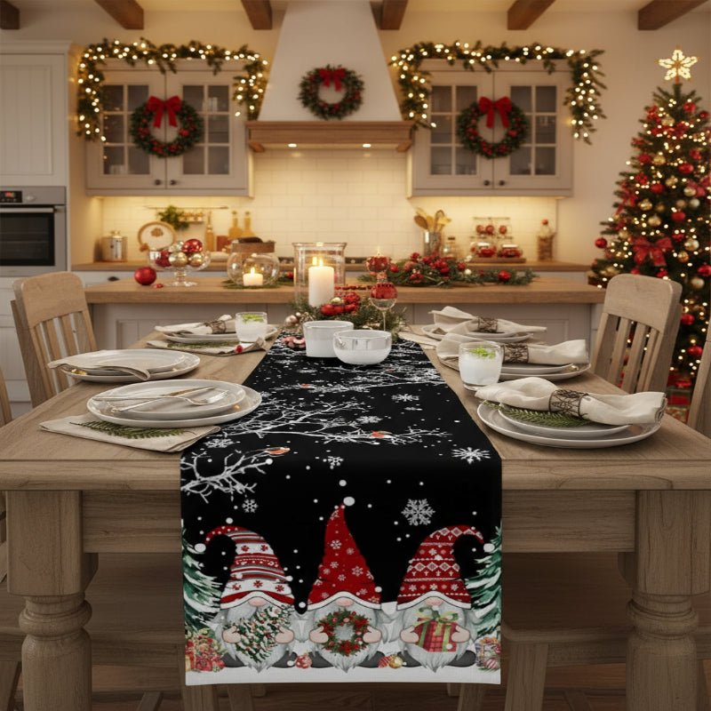LINENWISH – Camino de mesa de lino festivo para Navidad con motivo de copos de nieve y duendes