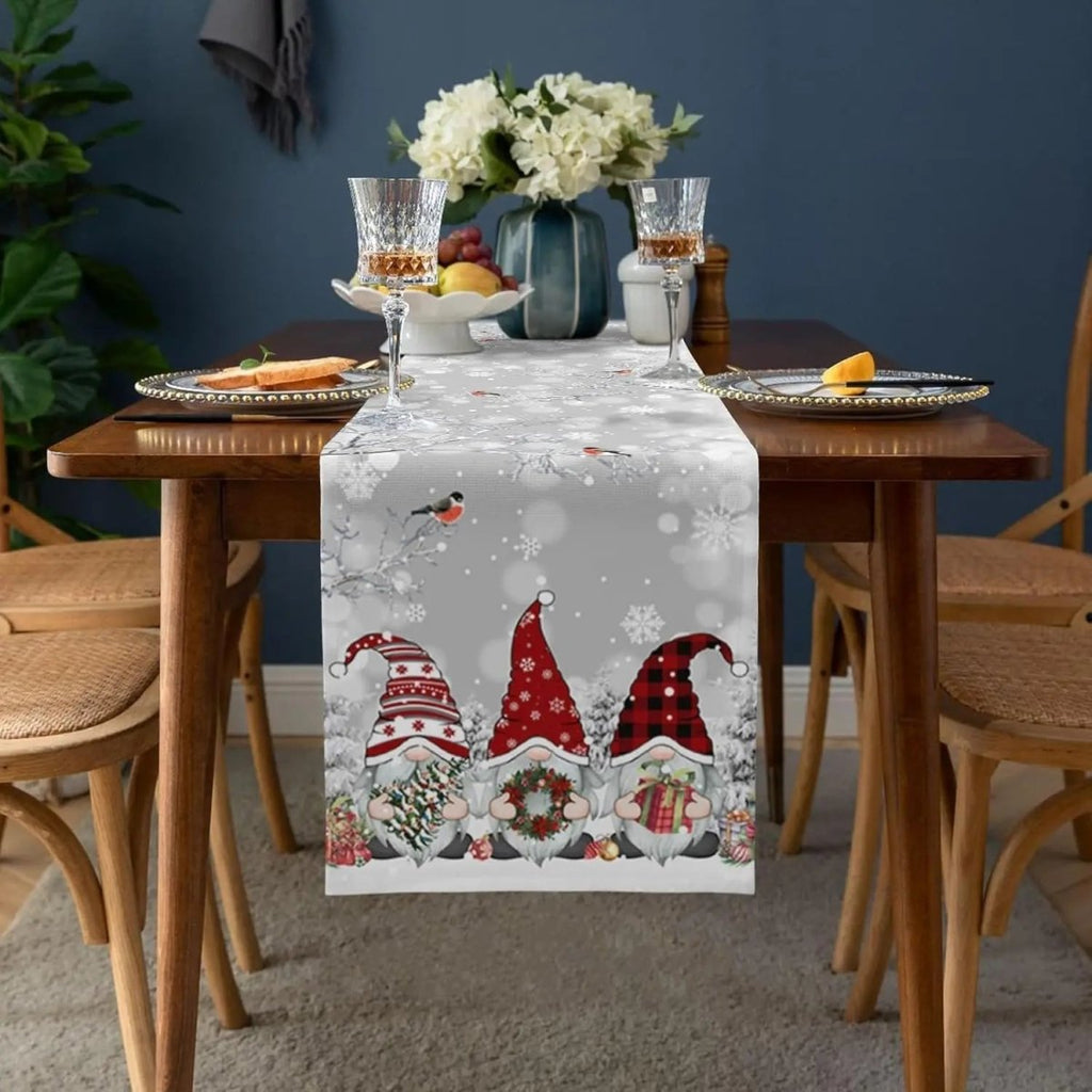 LINENWISH – Camino de mesa de lino festivo para Navidad con motivo de copos de nieve y duendes