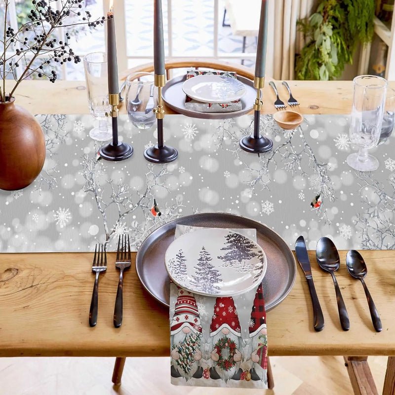 LINENWISH – Camino de mesa de lino festivo para Navidad con motivo de copos de nieve y duendes