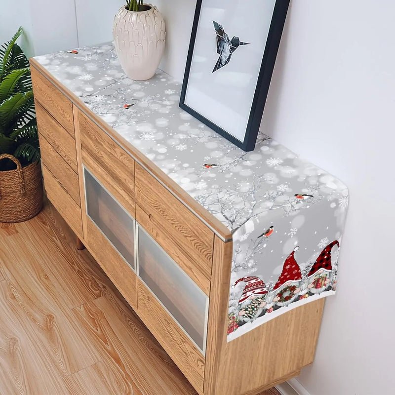 LINENWISH – Camino de mesa de lino festivo para Navidad con motivo de copos de nieve y duendes