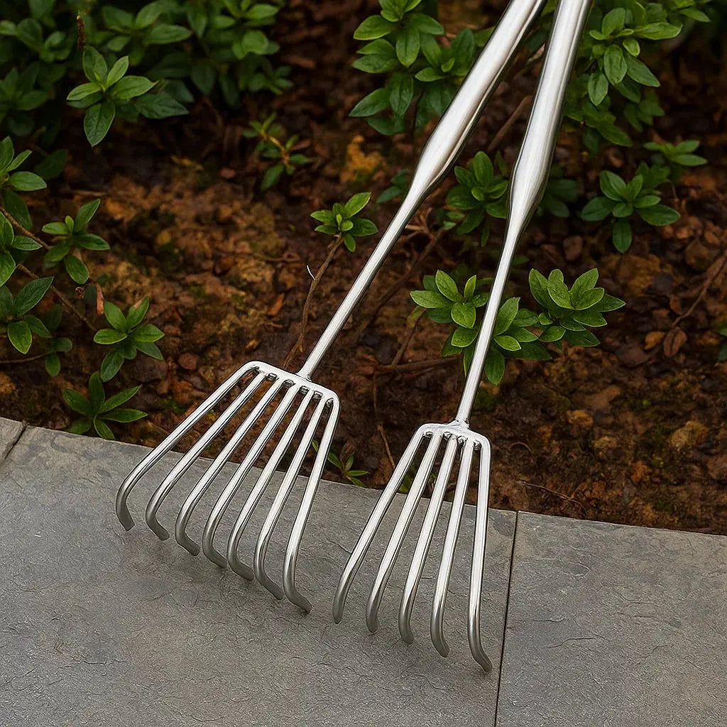 BowLift | Rastrillo de jardín hecho de acero inoxidable — Rastrillo de mano resistente con agarre antideslizante