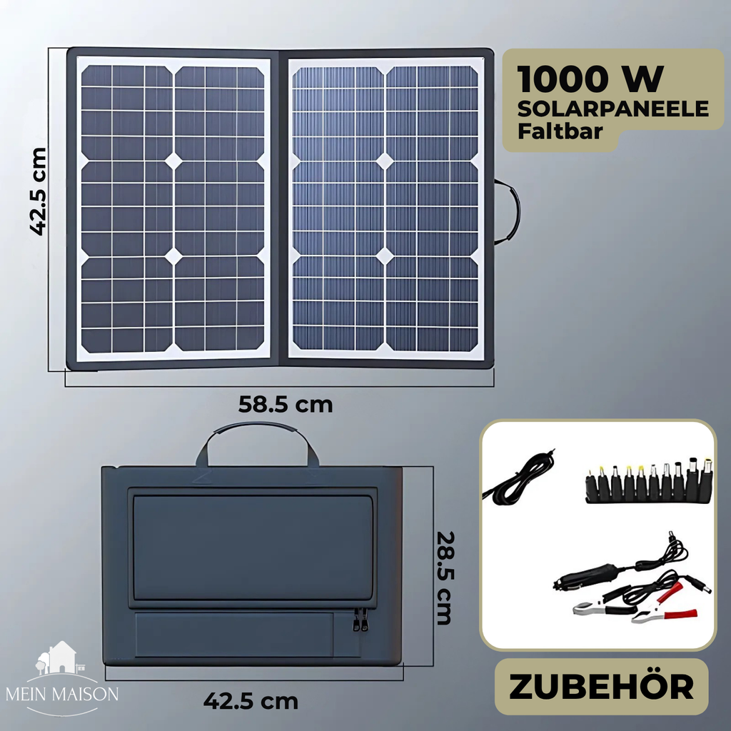 SolaraX 1000W Kit de Panel Solar Plegable | Set Completo con MPPT & USB/Type-C | Para Camping, Auto, Barco y Caravana