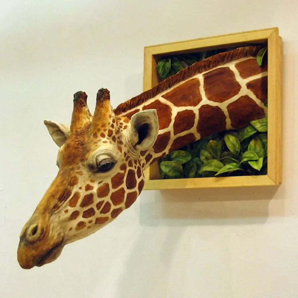 TallVista – Arte de Pared 3D de Jirafa con Cabeza Esculpida que Se Extiende desde una Escena de Selva Enmarcada