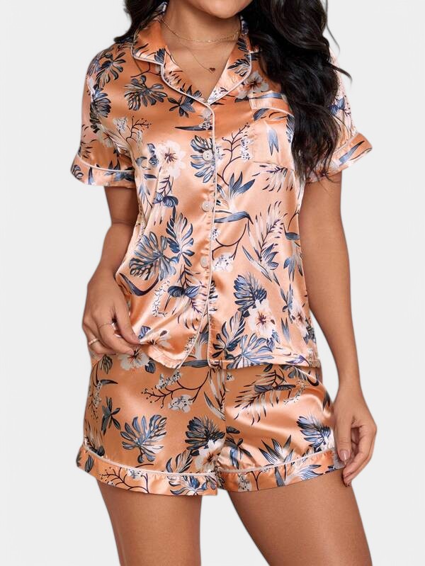 Conjunto de Pijamas Satín Tropical Gleame | Elegantes Pasamanerías | Materiales Suaves y Duraderos | Pantalones Cortos | Ropa Nocturna Lujosa