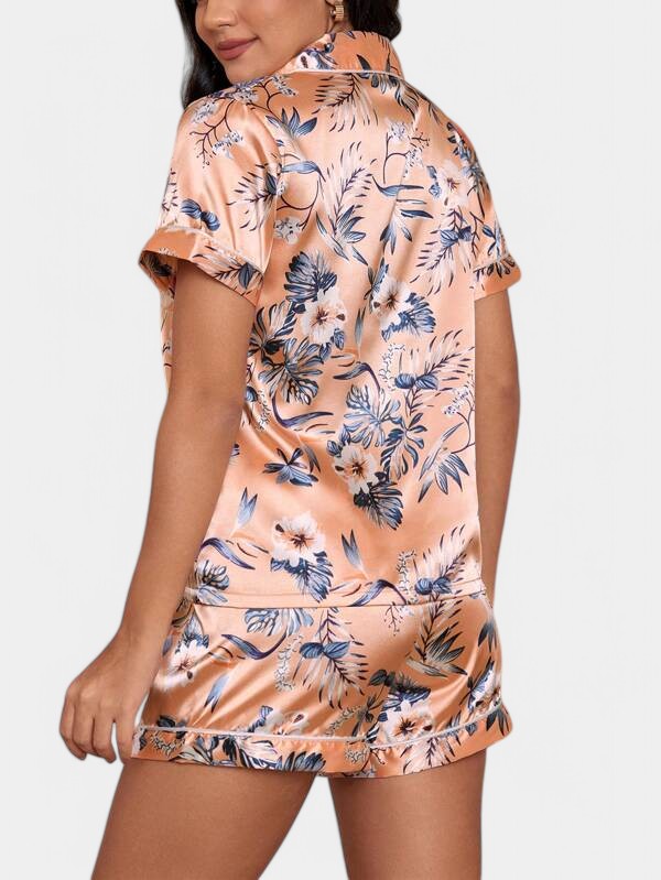 Conjunto de Pijamas Satín Tropical Gleame | Elegantes Pasamanerías | Materiales Suaves y Duraderos | Pantalones Cortos | Ropa Nocturna Lujosa