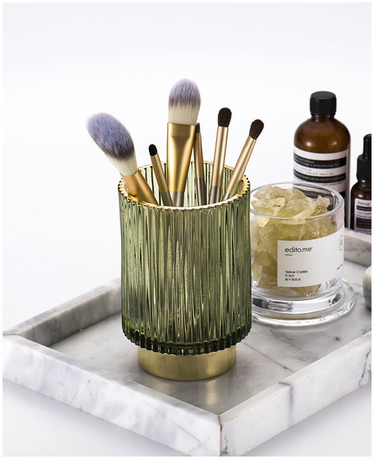 Organizador y Soporte de Maquillaje de Vidrio con Folio de Oro Elise