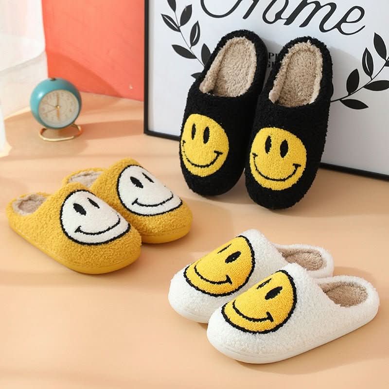 FLUFFYSMILE – Zapatillas de casa cálidas y suaves con Smiley y suela de silicona gruesa