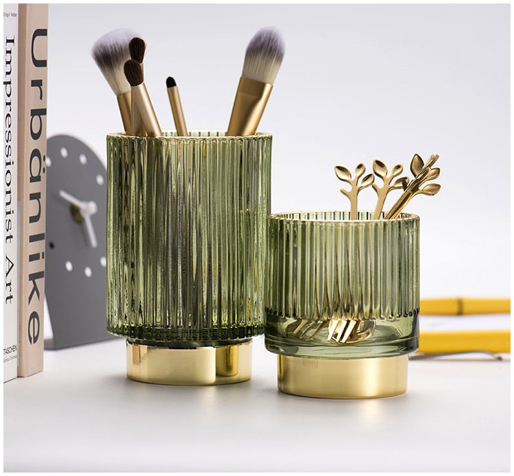 Organizador y Soporte de Maquillaje de Vidrio con Folio de Oro Elise