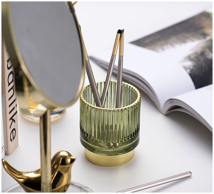 Organizador y Soporte de Maquillaje de Vidrio con Folio de Oro Elise
