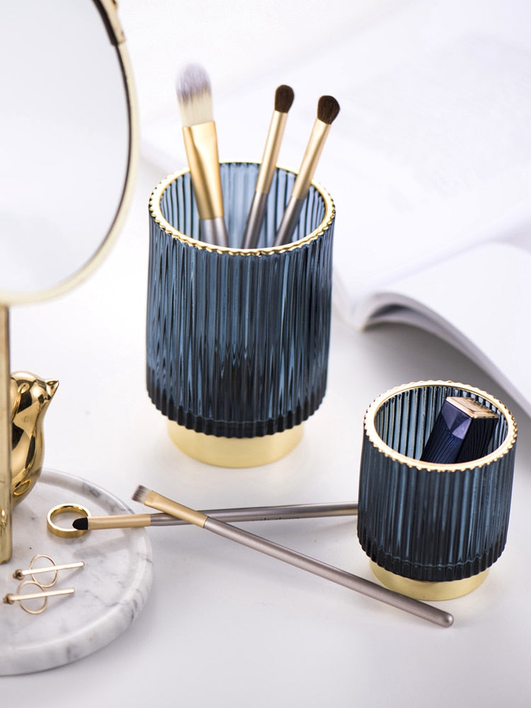 Organizador y Soporte de Maquillaje de Vidrio con Folio de Oro Elise