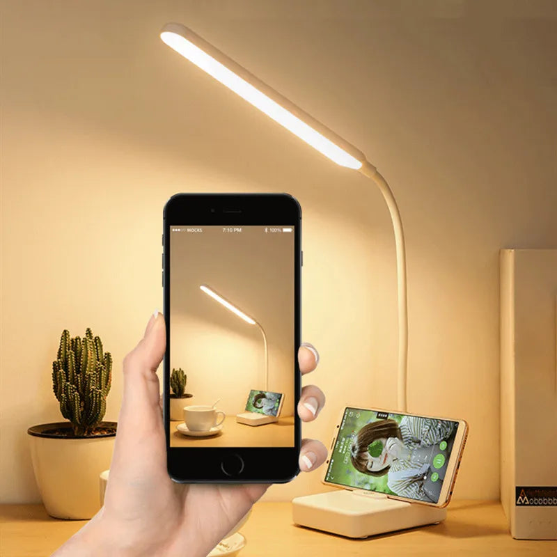 Lámpara de Mesa LED | Cuidado de los Ojos & Regulable | Control Táctil | Función de Carga USB & Soporte para Móvil