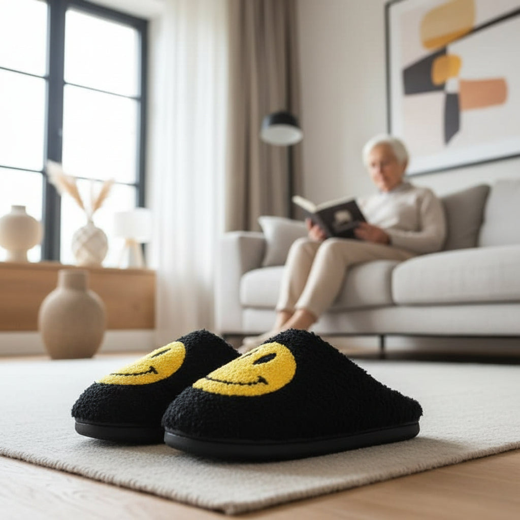 FLUFFYSMILE – Zapatillas de casa cálidas y suaves con Smiley y suela de silicona gruesa
