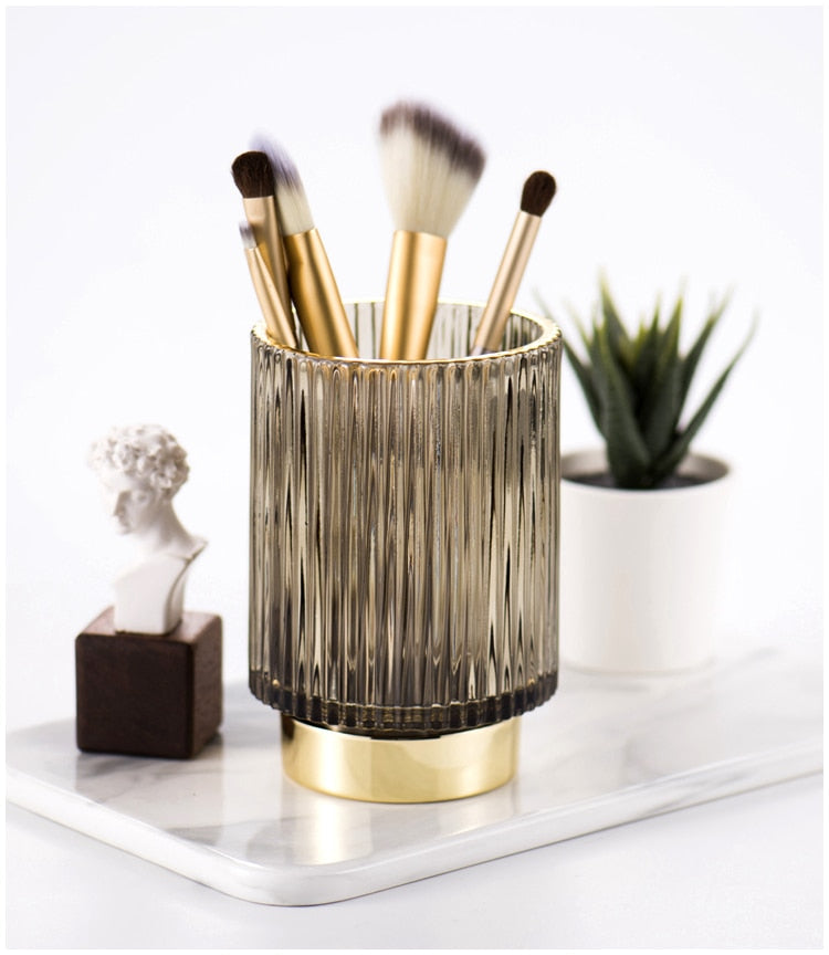 Organizador y Soporte de Maquillaje de Vidrio con Folio de Oro Elise