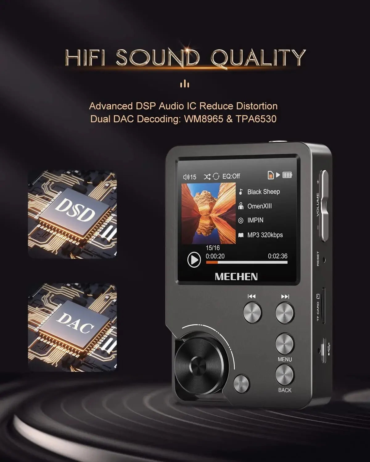 Kalsten | Reproductor MP3 HiFi MECHEN-M30 – Audio sin pérdidas premium con tarjeta de memoria de 64GB, soporta hasta 256GB