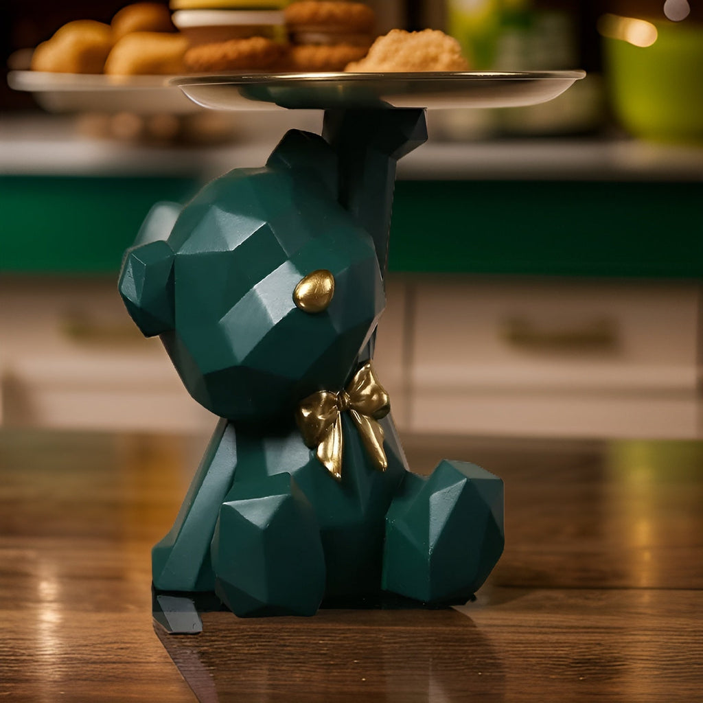 Bandeja de Servicio con Figura de Oso Geométrica de Resina