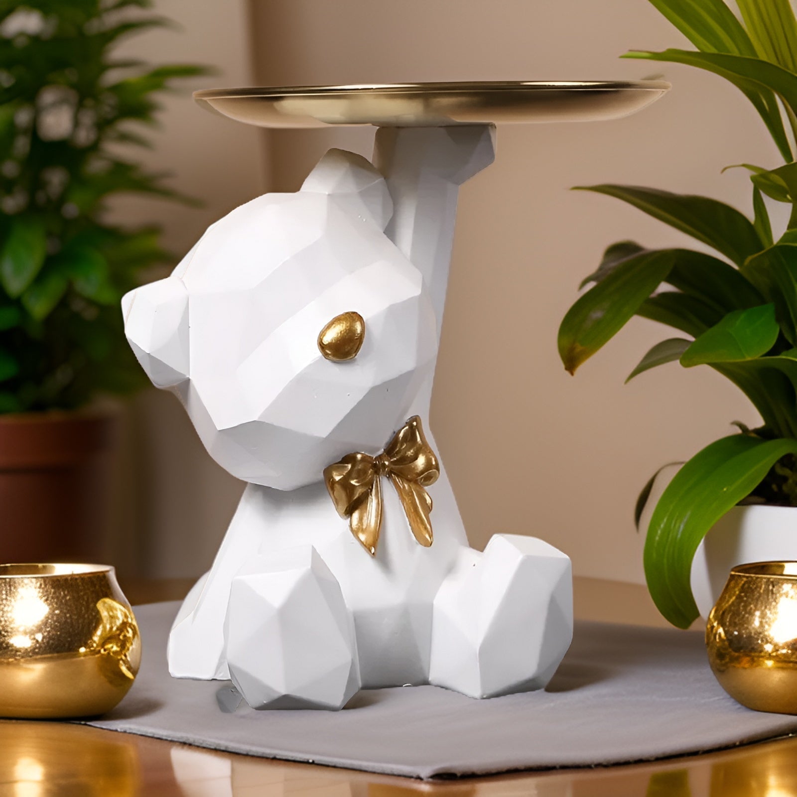 Bandeja de Servicio con Figura de Oso Geométrica de Resina