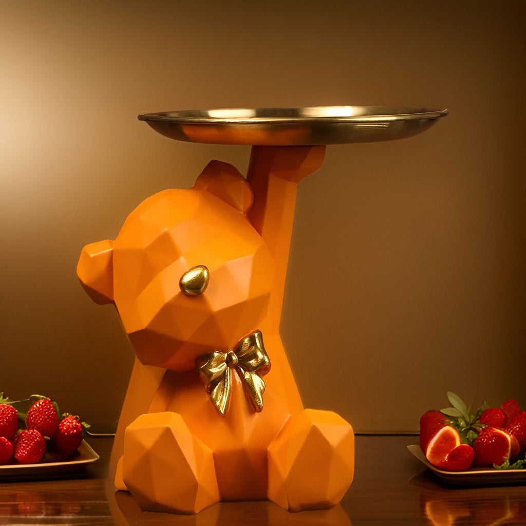 Bandeja de Servicio con Figura de Oso Geométrica de Resina