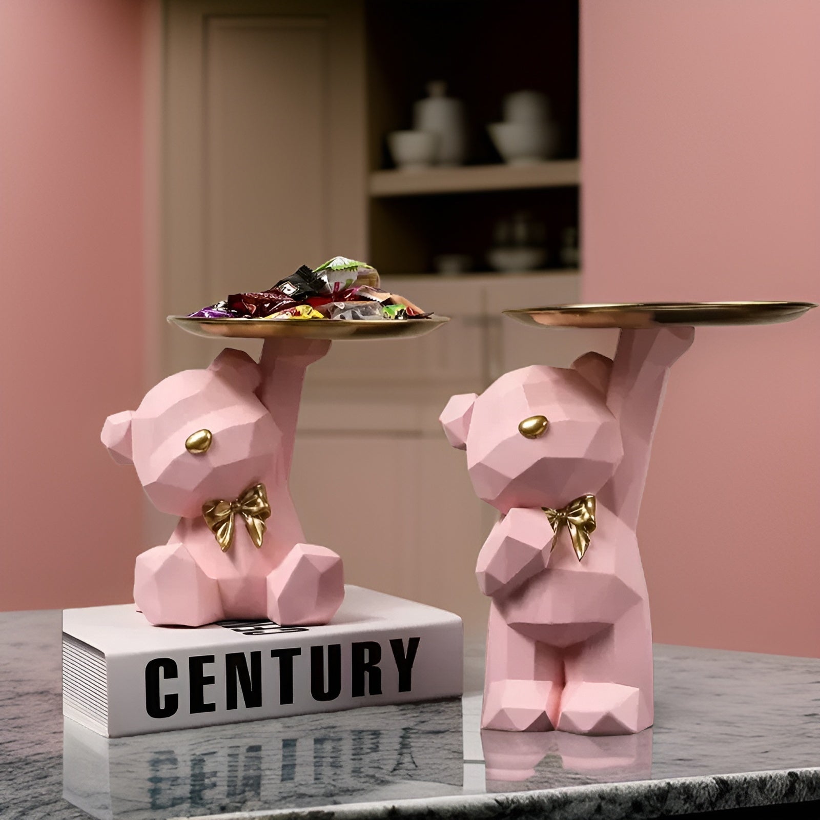 Bandeja de Servicio con Figura de Oso Geométrica de Resina