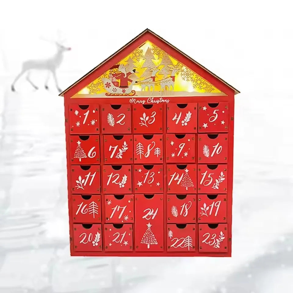 Calendario de Adviento de Madera con 24 Cajones de Almacenamiento – Cuenta Regresiva Navideña Refillable DIY con Iluminación, 30 x 6.3 x 39 cm