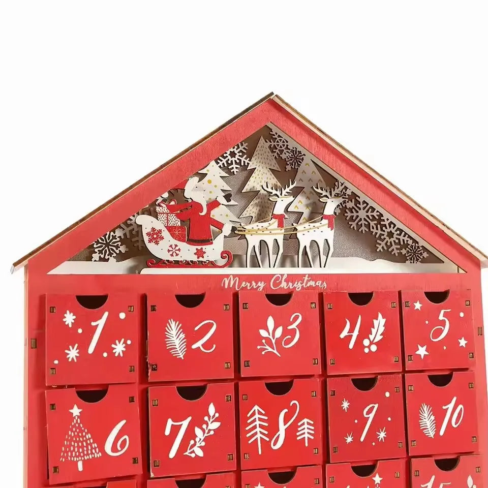 Calendario de Adviento de Madera con 24 Cajones de Almacenamiento – Cuenta Regresiva Navideña Refillable DIY con Iluminación, 30 x 6.3 x 39 cm