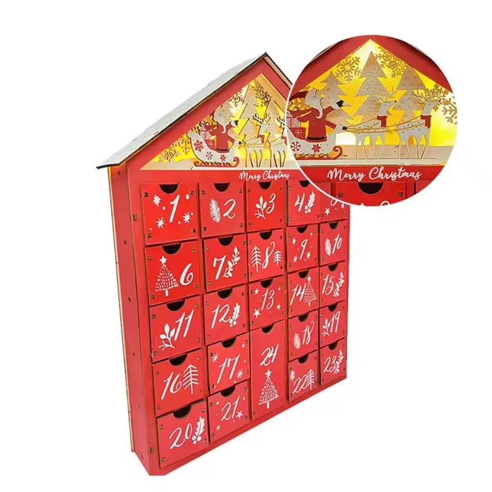 Calendario de Adviento de Madera con 24 Cajones de Almacenamiento – Cuenta Regresiva Navideña Refillable DIY con Iluminación, 30 x 6.3 x 39 cm