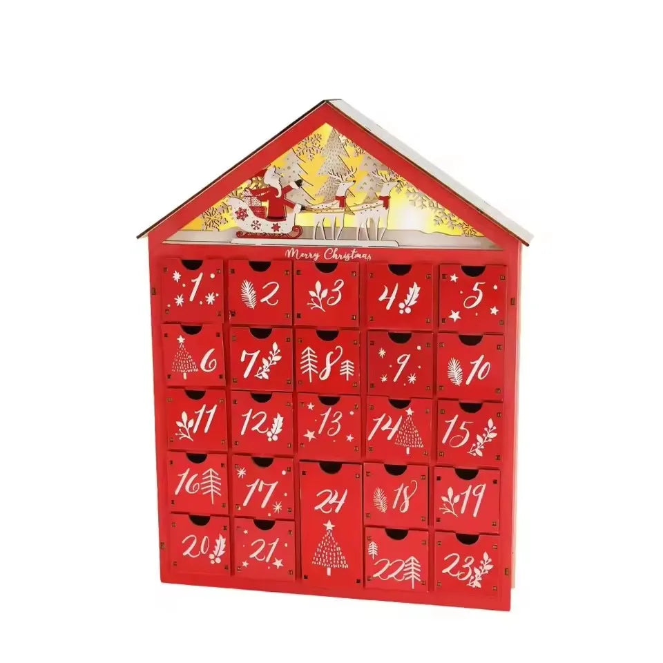 Calendario de Adviento de Madera con 24 Cajones de Almacenamiento – Cuenta Regresiva Navideña Refillable DIY con Iluminación, 30 x 6.3 x 39 cm