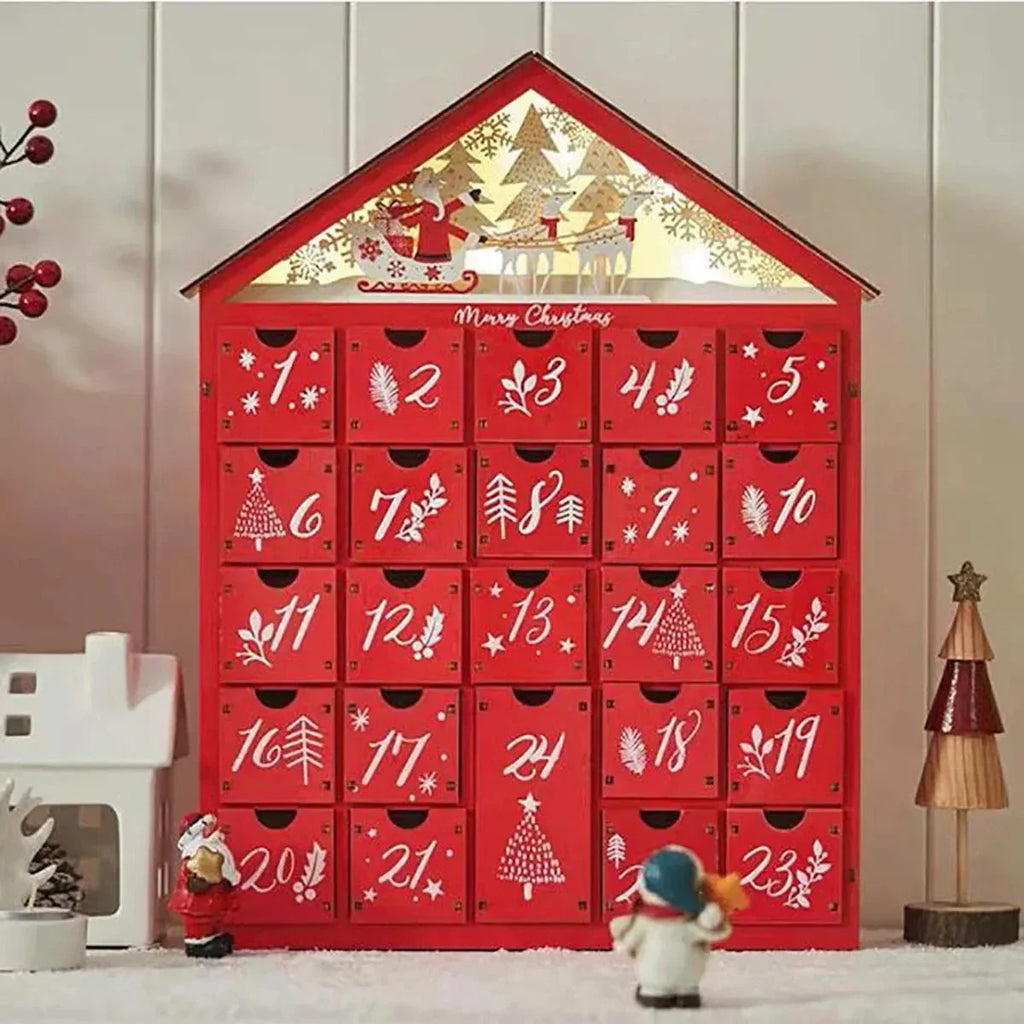 Calendario de Adviento de Madera con 24 Cajones de Almacenamiento – Cuenta Regresiva Navideña Refillable DIY con Iluminación, 30 x 6.3 x 39 cm