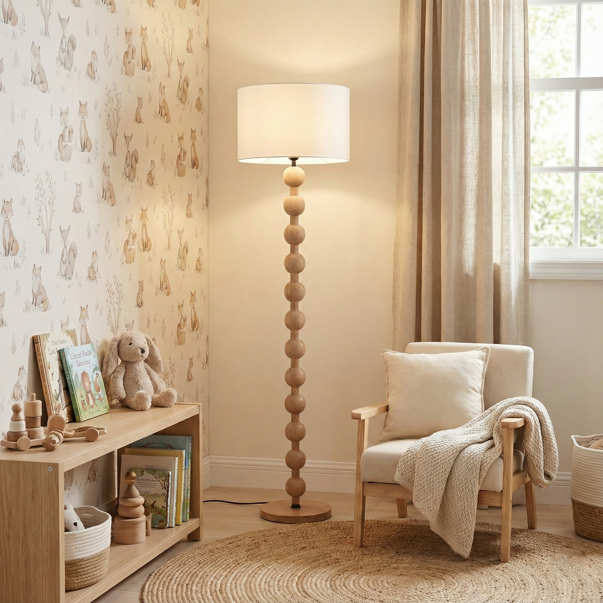 Lámpara de Pie Escultural Hugo – Luz de Piso Moderna con Esferas de Madera para Espacios de Vida