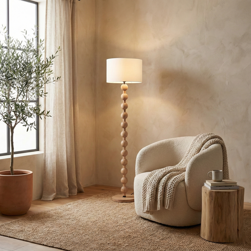 Lámpara de Pie Escultural Hugo – Luz de Piso Moderna con Esferas de Madera para Espacios de Vida