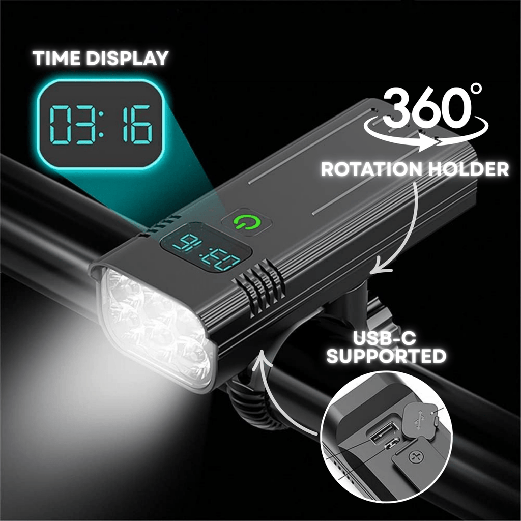 Luz de Bicicleta de 5000 Lúmenes con 12 LEDs y Batería Recargable USB-C