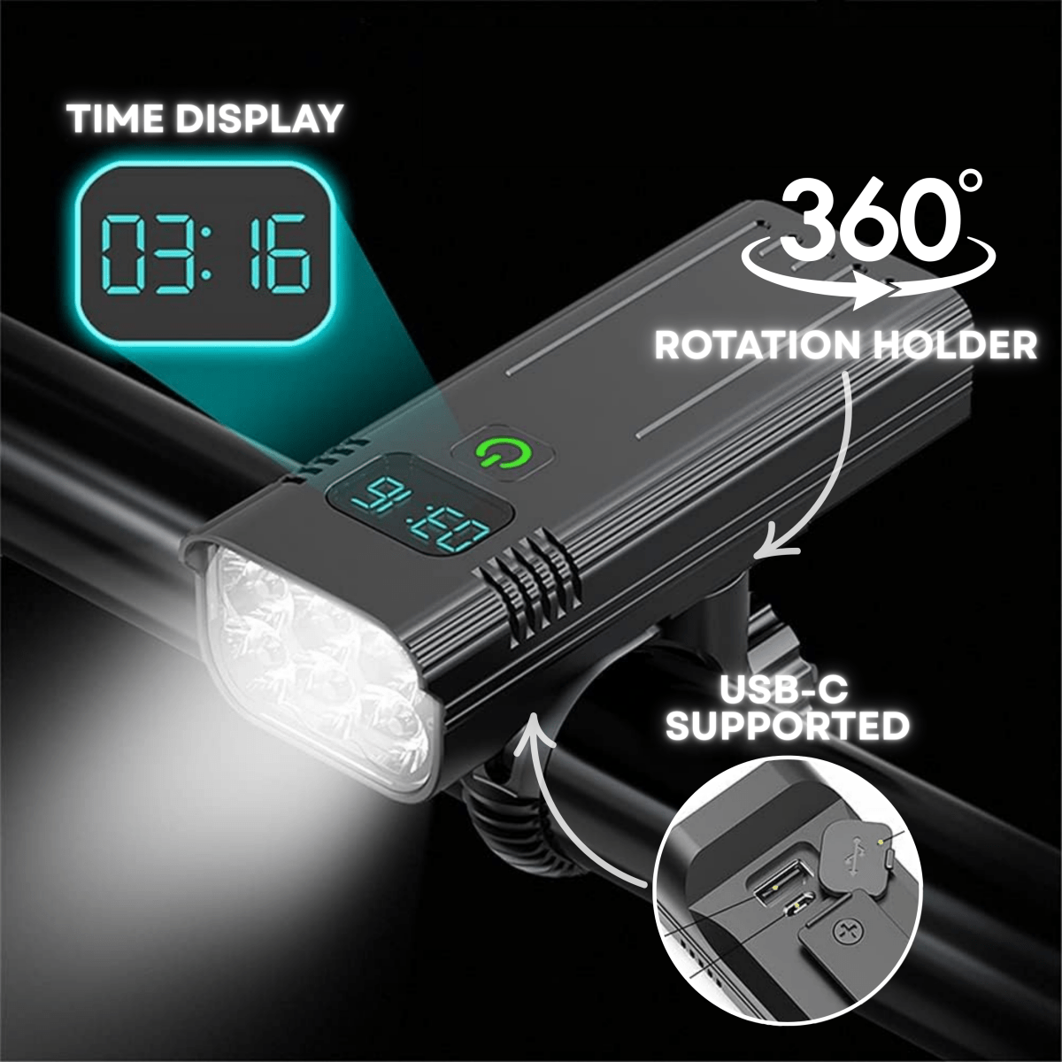 Luz de Bicicleta de 5000 Lúmenes con 12 LEDs y Batería Recargable USB-C