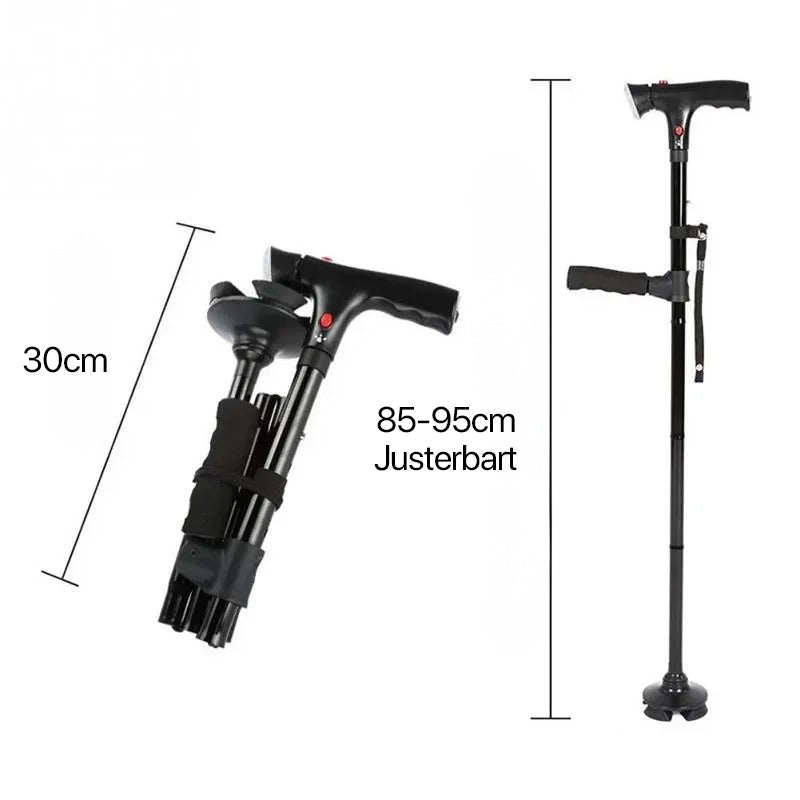 Bastón plegable con doble empuñadura, alarma y luz