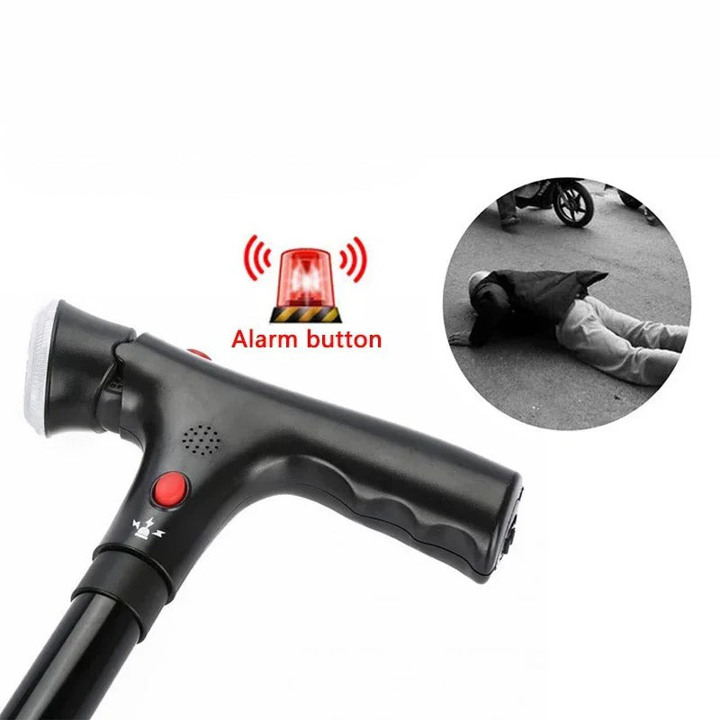 Bastón plegable con doble empuñadura, alarma y luz
