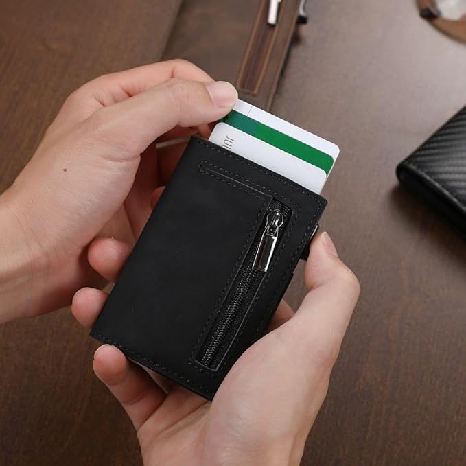 Billetera inteligente con bloqueo RFID y acceso rápido a tarjetas – cuero original y construcción compacta de aluminio