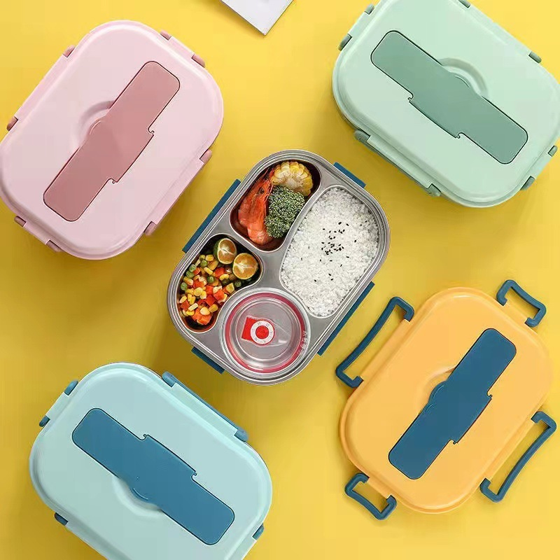 Caja Bento Aislada de Acero Inoxidable para Niños con Compartimentos – Amarillo, Verde, Rosa, Azul