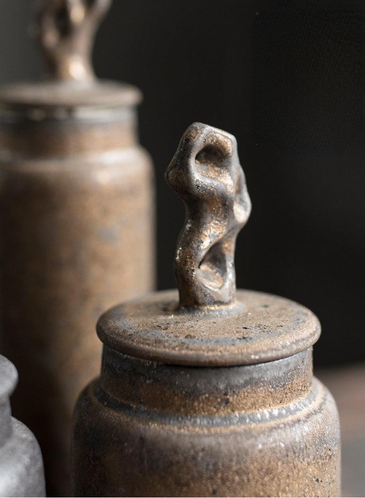 Caddy de Té de Cerámica Japonesa Hecho a Mano Wabi-Sabi de Gres