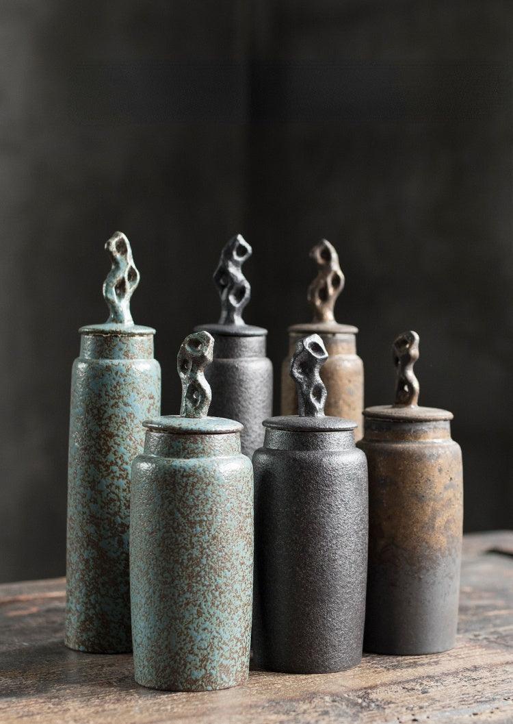Caddy de Té de Cerámica Japonesa Hecho a Mano Wabi-Sabi de Gres