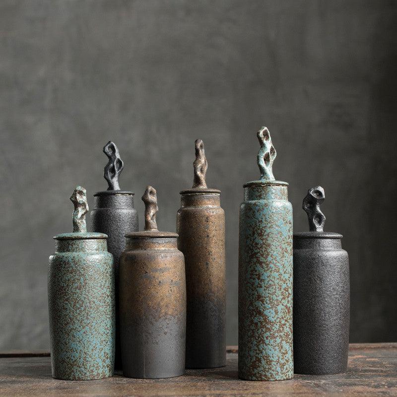 Caddy de Té de Cerámica Japonesa Hecho a Mano Wabi-Sabi de Gres