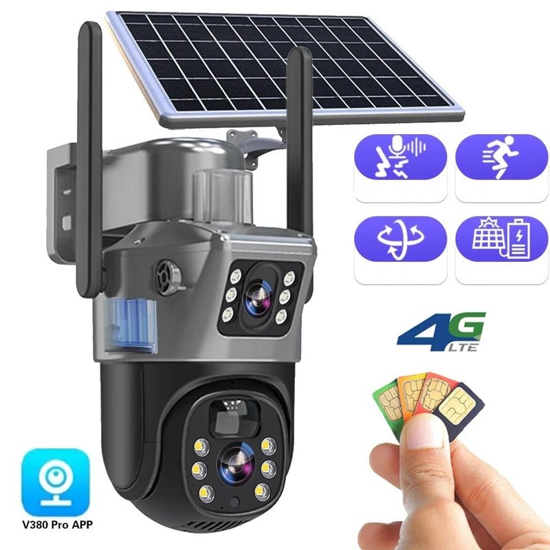 DualGuard Solar 4K – Cámara de seguridad inalámbrica con panel solar y visión panorámica de 360°