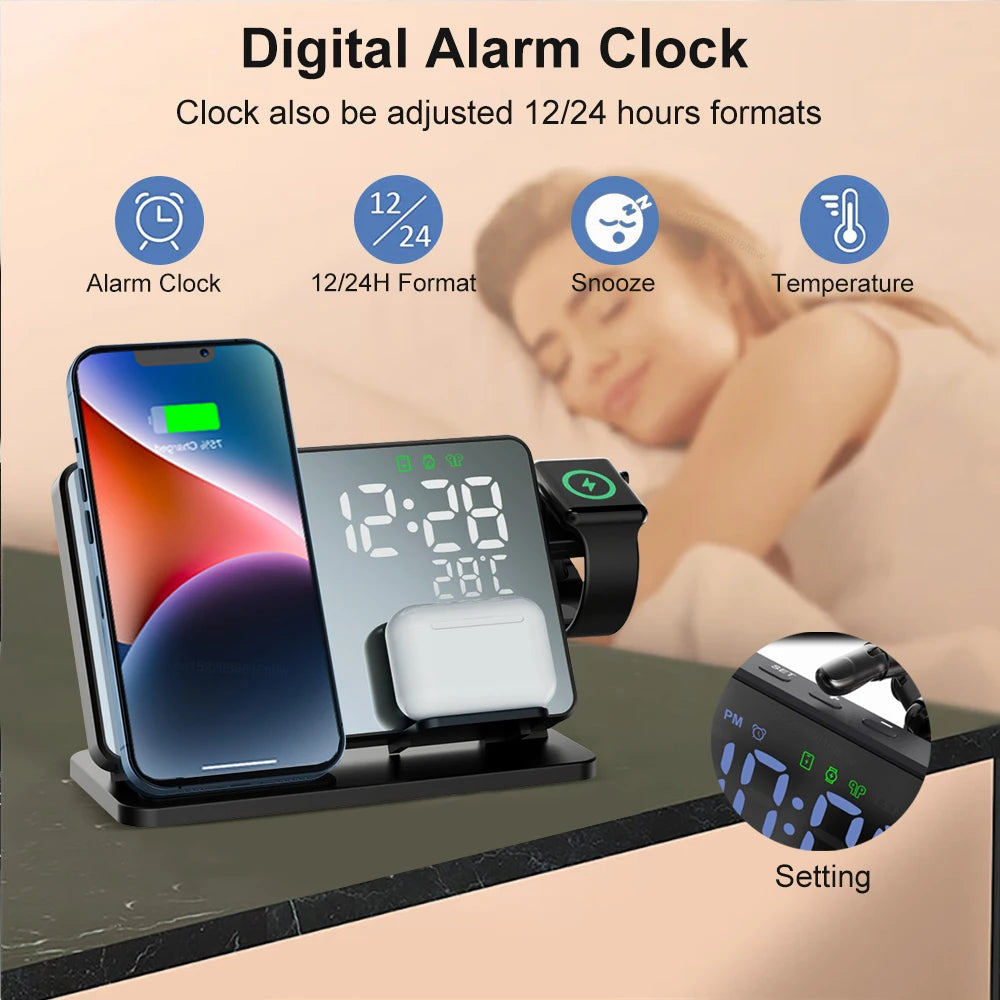 Estación de Carga Rápida 3 en 1 | Dock de Carga Inalámbrica Premium con Reloj Despertador | para Apple iPhone, Watch y AirPods