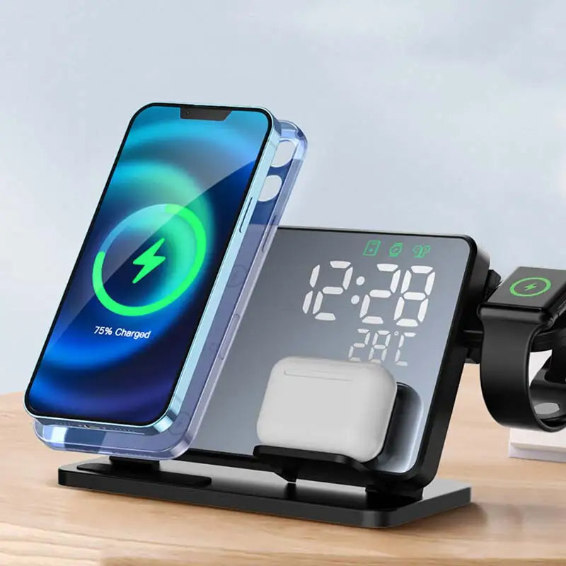 Estación de Carga Rápida 3 en 1 | Dock de Carga Inalámbrica Premium con Reloj Despertador | para Apple iPhone, Watch y AirPods