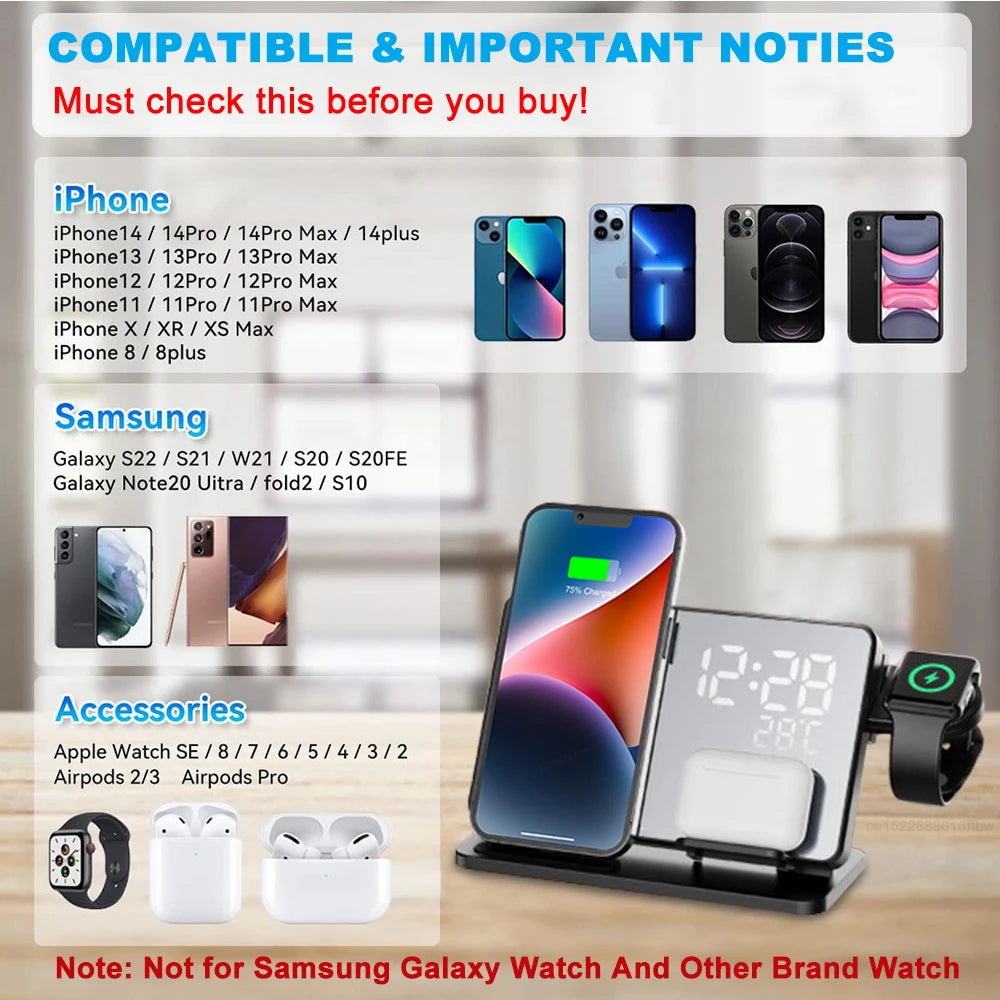 Estación de Carga Rápida 3 en 1 | Dock de Carga Inalámbrica Premium con Reloj Despertador | para Apple iPhone, Watch y AirPods