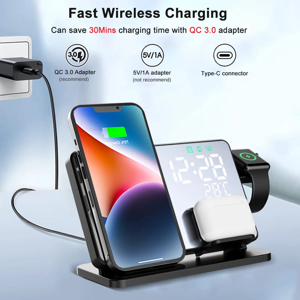 Estación de Carga Rápida 3 en 1 | Dock de Carga Inalámbrica Premium con Reloj Despertador | para Apple iPhone, Watch y AirPods