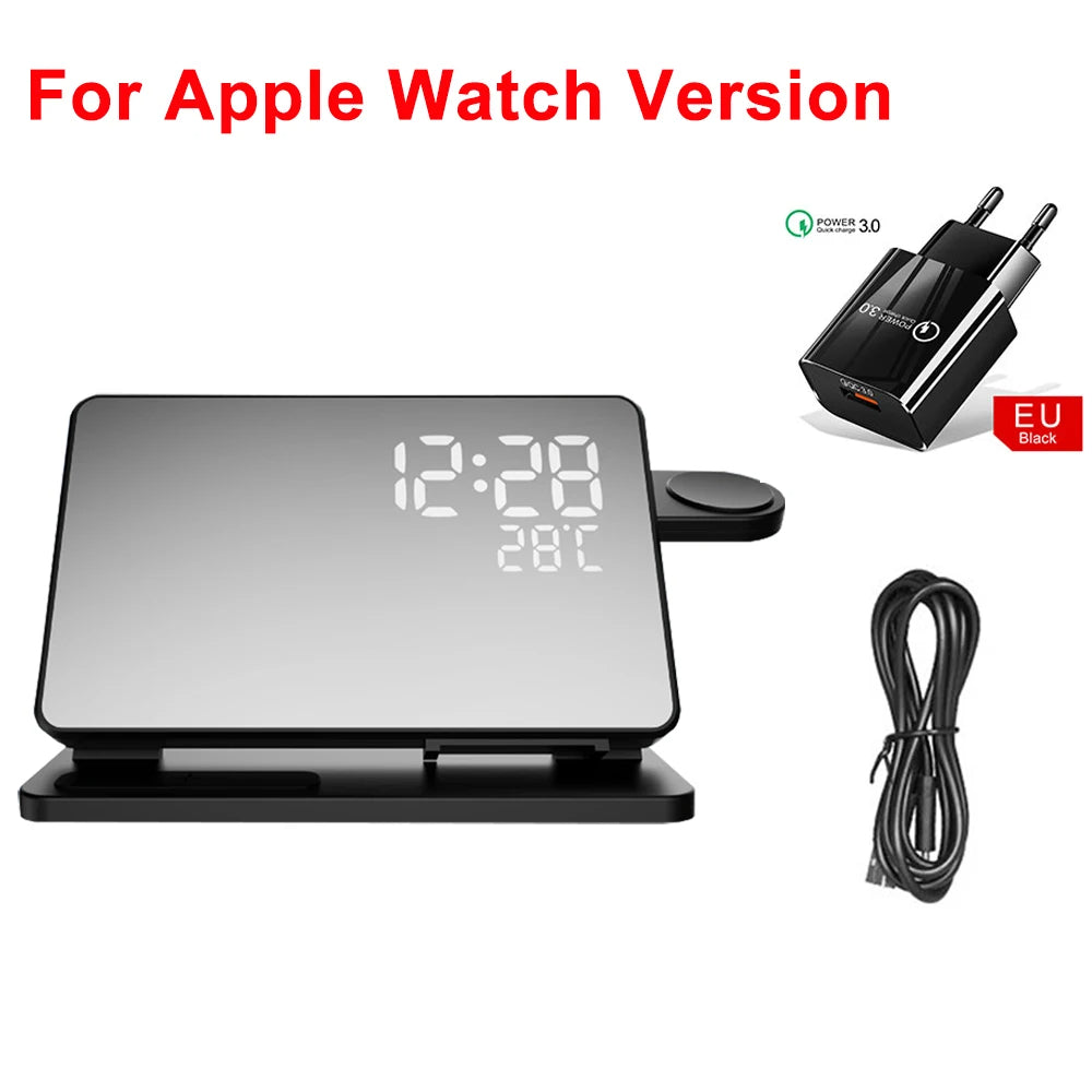 Estación de Carga Rápida 3 en 1 | Dock de Carga Inalámbrica Premium con Reloj Despertador | para Apple iPhone, Watch y AirPods